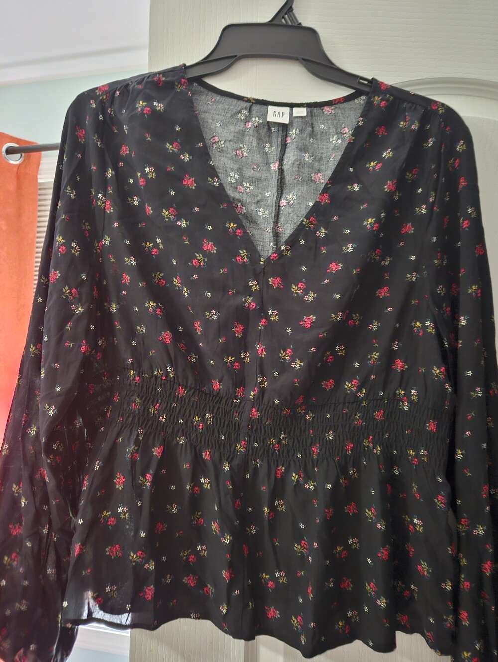 GAP Black Floral V-Neck Smocked Waist Top
